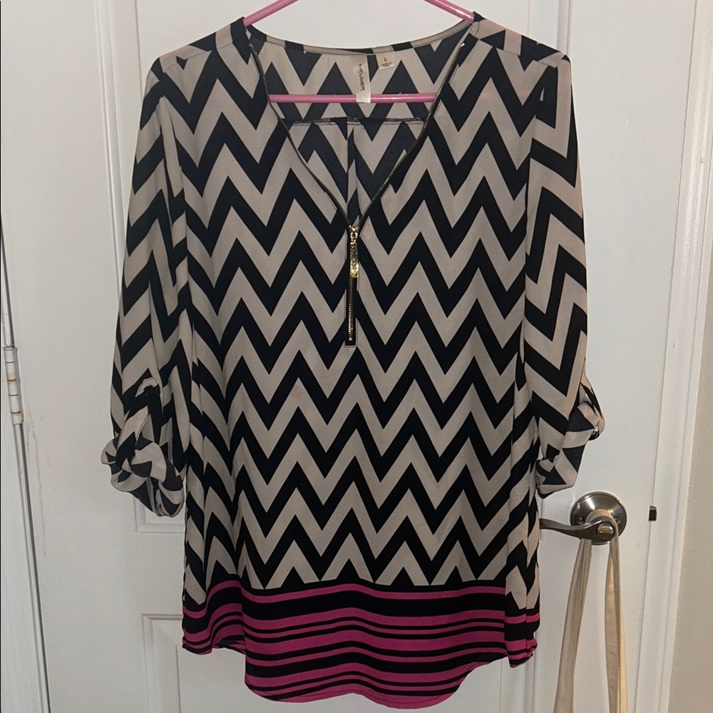 Chevron Patterned Black and Pink Women's Top - Tacera